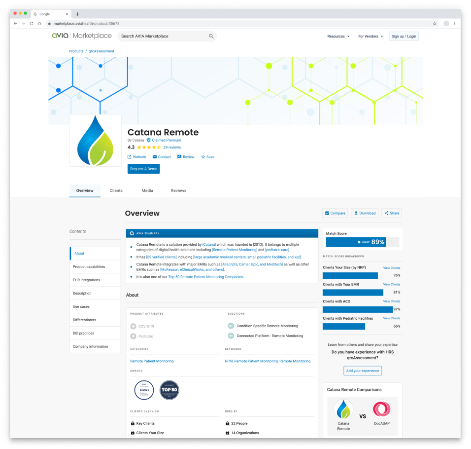 Product profile screenshot